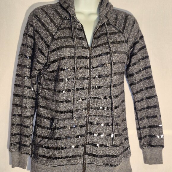 FOREVER 21 zippered Hoodie, Black and gray w/ silver sequins in size small - Picture 15 of 16